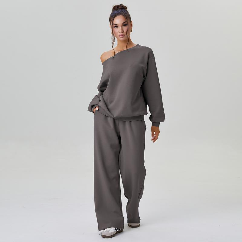 Women's Leisure Solid Color SlopingShoulder Long Sleeve Top & Wide Leg TrousersCo-ord, Cozy Scoop Neck Loose Two PieceOutfits,Basic Womenswear