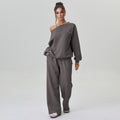 Women's Leisure Solid Color SlopingShoulder Long Sleeve Top & Wide Leg TrousersCo-ord, Cozy Scoop Neck Loose Two PieceOutfits,Basic Womenswear
