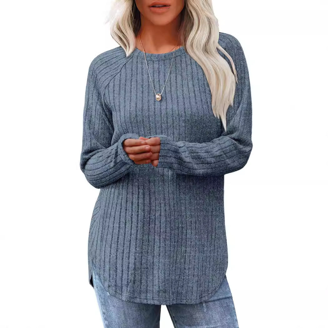 Long-sleeved, loose-fitting, casual, versatile, round neck, high and low arc-shaped women's clothing
