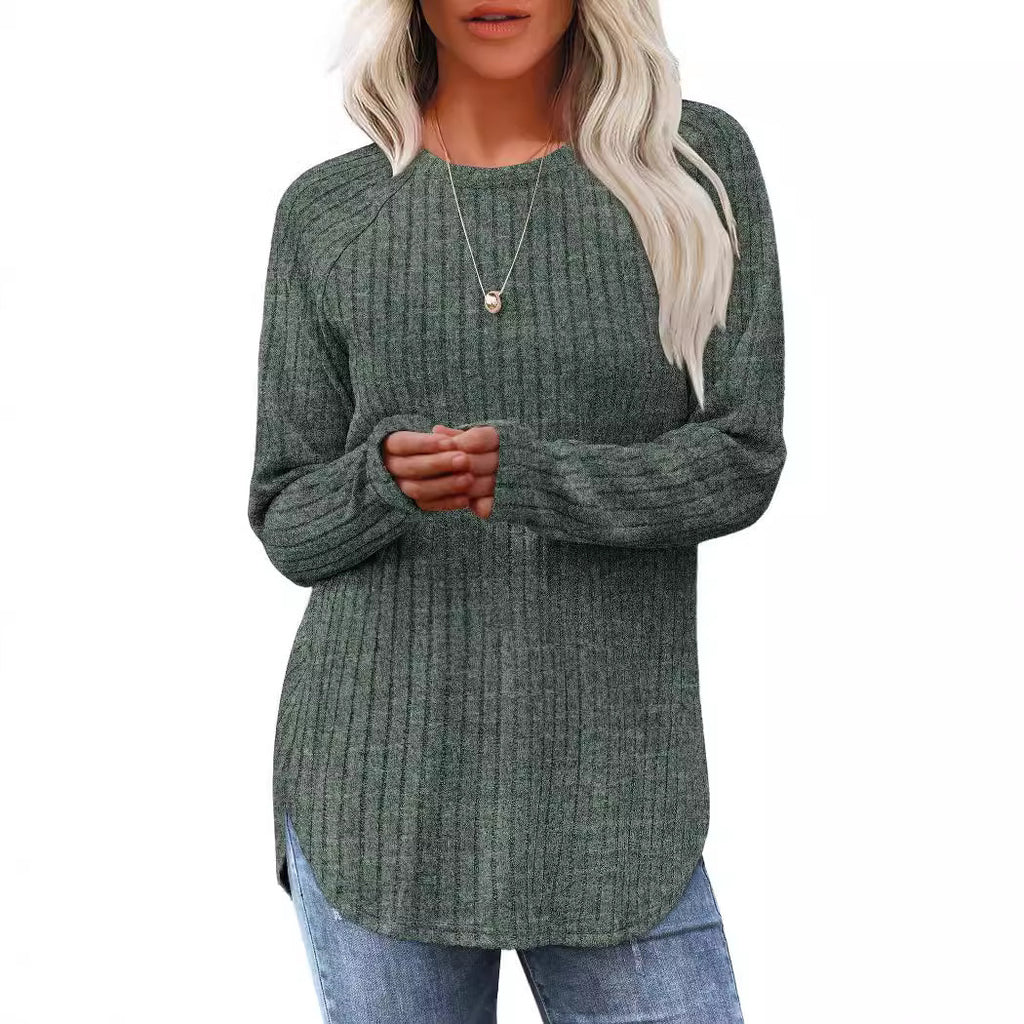 Long-sleeved, loose-fitting, casual, versatile, round neck, high and low arc-shaped women's clothing