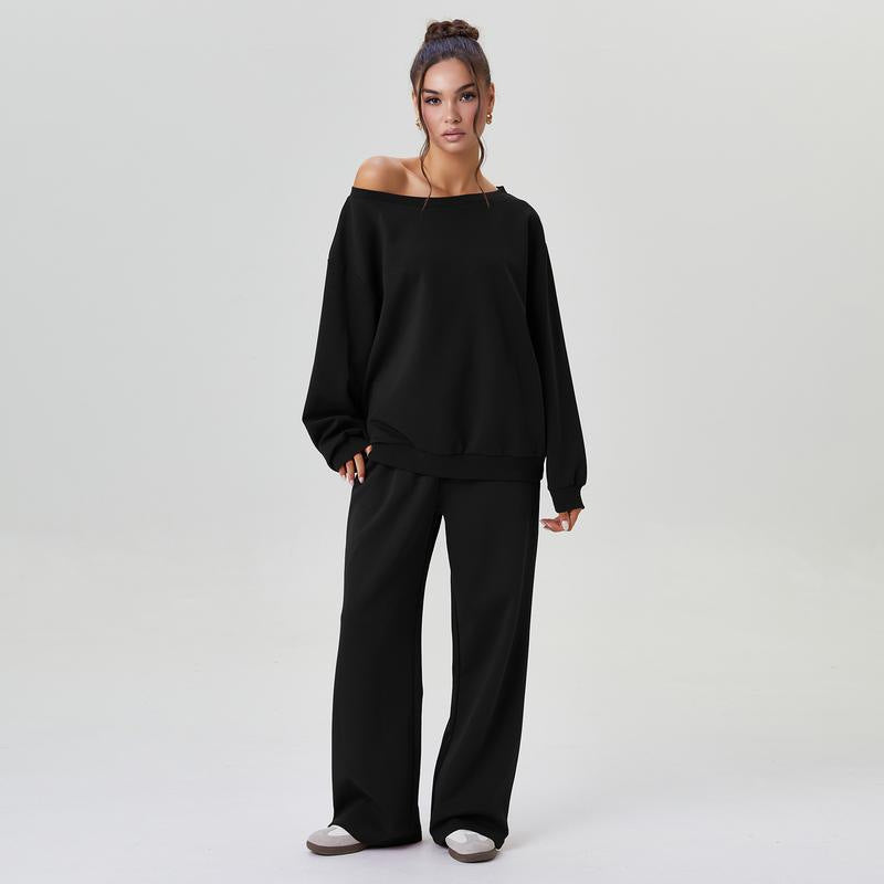 Women's Leisure Solid Color SlopingShoulder Long Sleeve Top & Wide Leg TrousersCo-ord, Cozy Scoop Neck Loose Two PieceOutfits,Basic Womenswear
