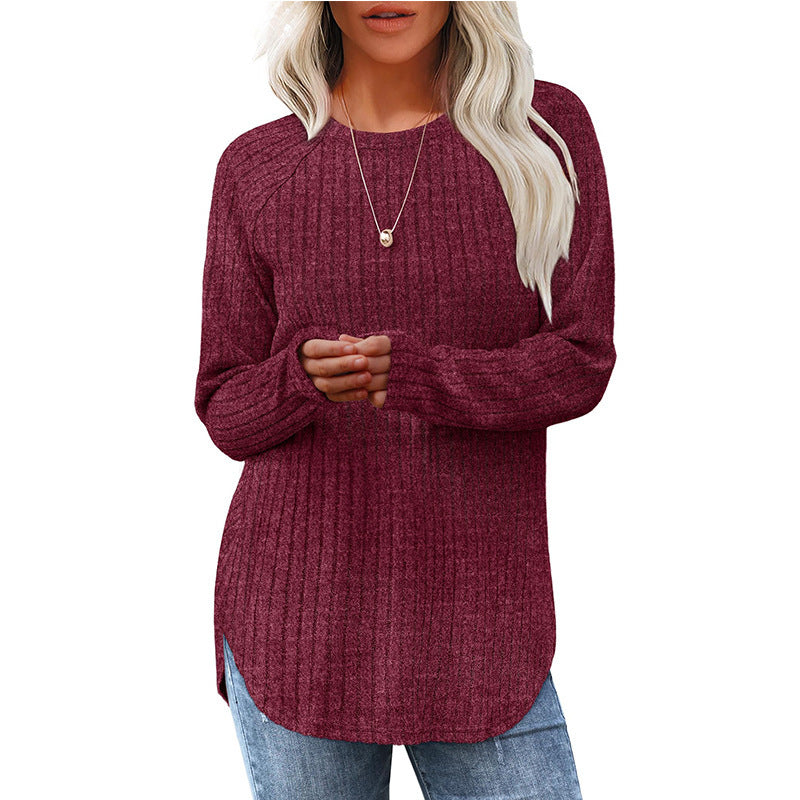 Long-sleeved, loose-fitting, casual, versatile, round neck, high and low arc-shaped women's clothing