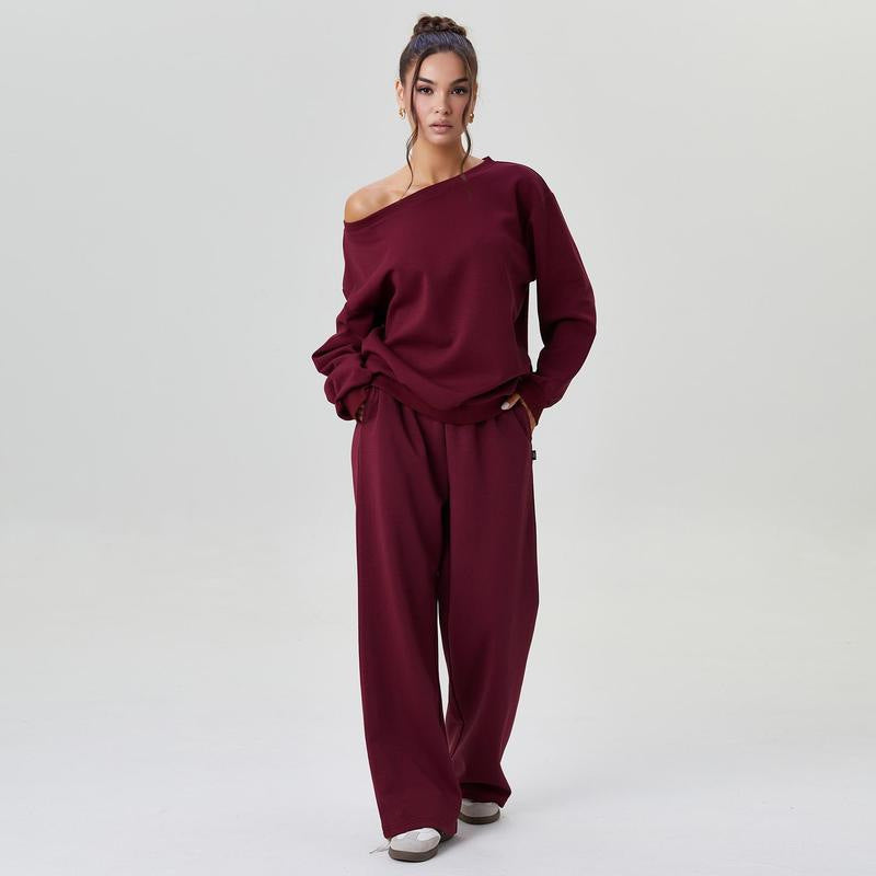 Women's Leisure Solid Color SlopingShoulder Long Sleeve Top & Wide Leg TrousersCo-ord, Cozy Scoop Neck Loose Two PieceOutfits,Basic Womenswear