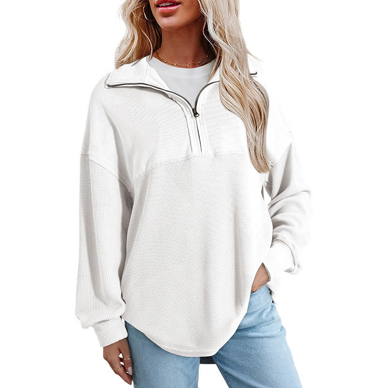 Women's loose-fitting button-down Henley collar sweatshirt, casual long-sleeved pullover sweater, V-neck solid color patchwork belted top