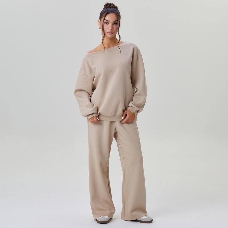 Women's Leisure Solid Color SlopingShoulder Long Sleeve Top & Wide Leg TrousersCo-ord, Cozy Scoop Neck Loose Two PieceOutfits,Basic Womenswear