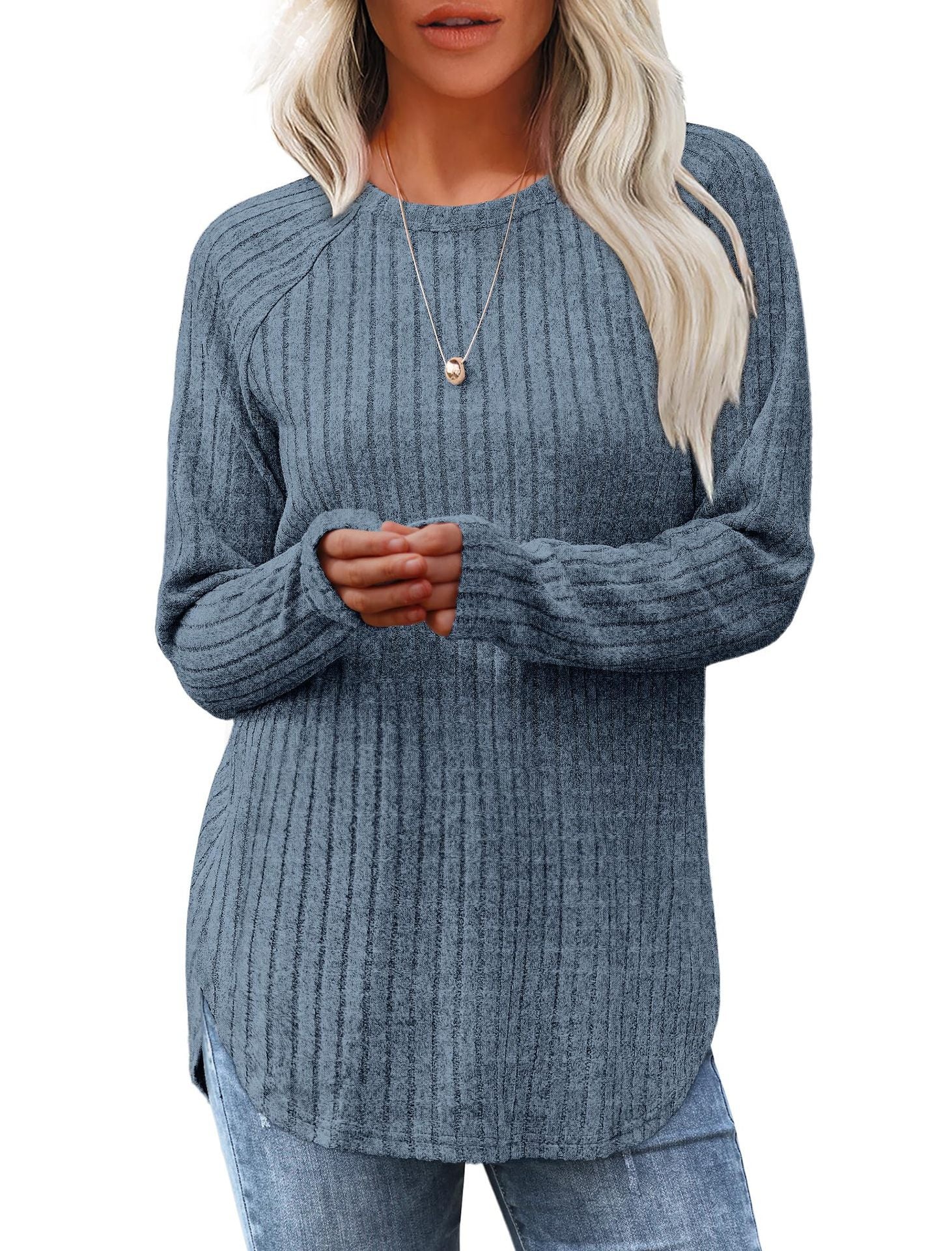 Long-sleeved, loose-fitting, casual, versatile, round neck, high and low arc-shaped women's clothing