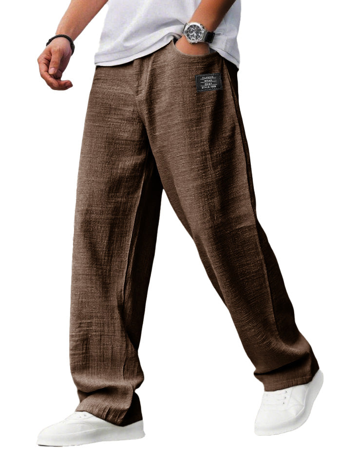 Men's Casual Hemp Fabric Embroidered Logo Drawstring Loose Elastic Waist Pocket Trousers