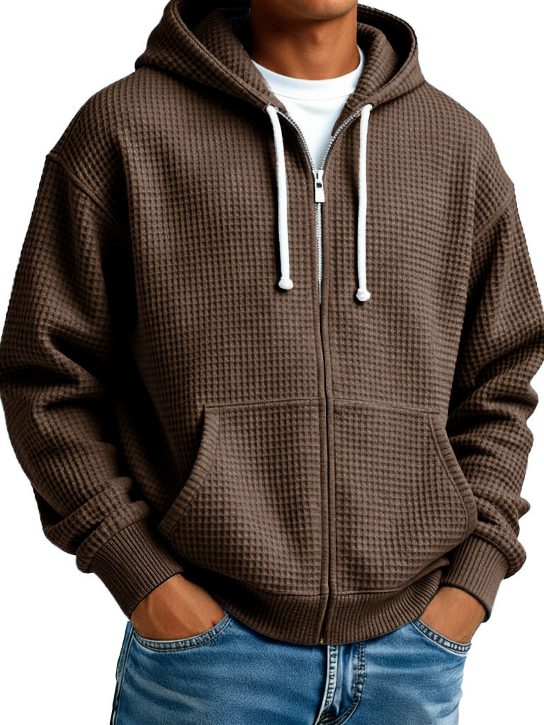  Men's Wear Fashionable Casual Waffle Fabric Zipper Hooded Pockets Loose Coat 