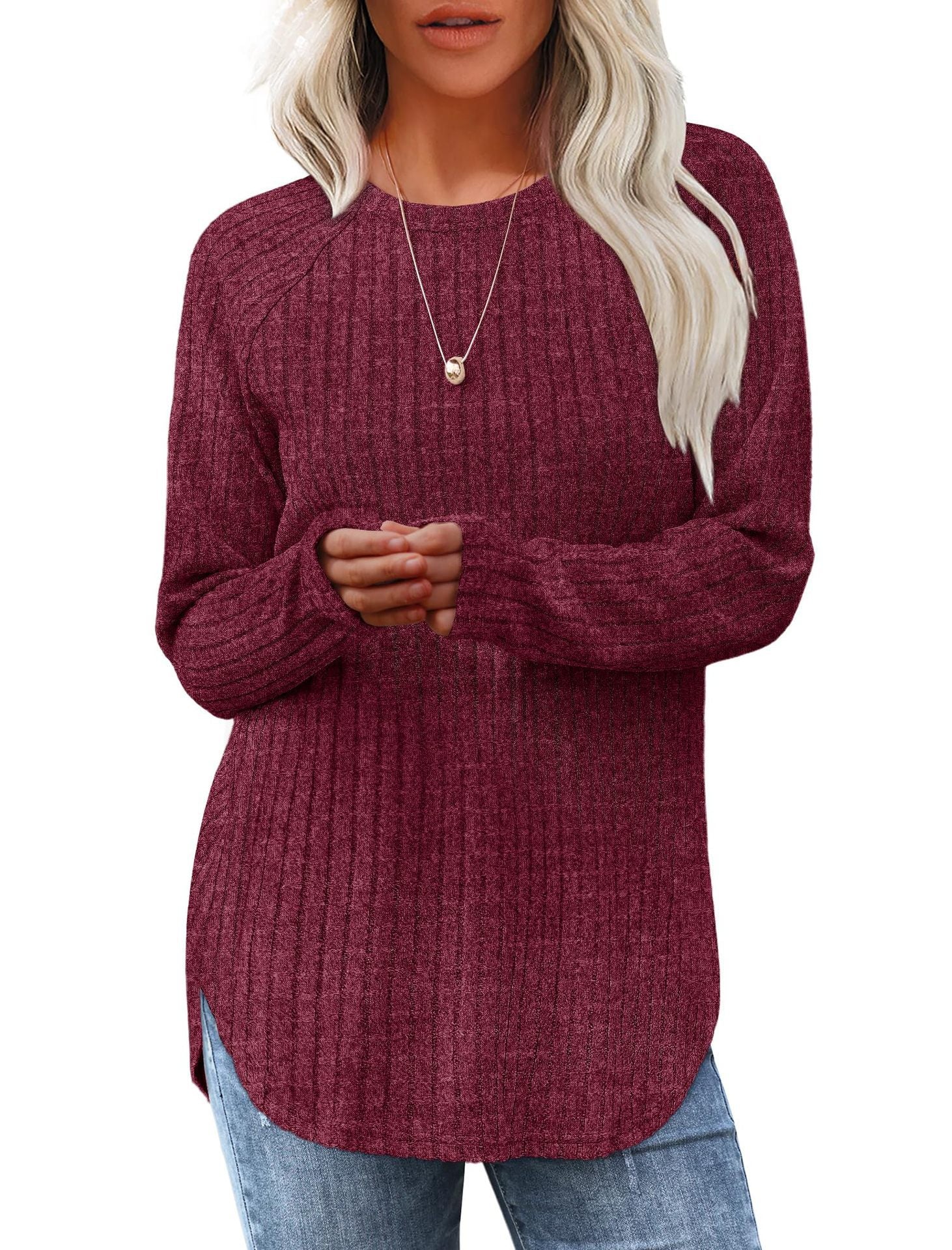Long-sleeved, loose-fitting, casual, versatile, round neck, high and low arc-shaped women's clothing