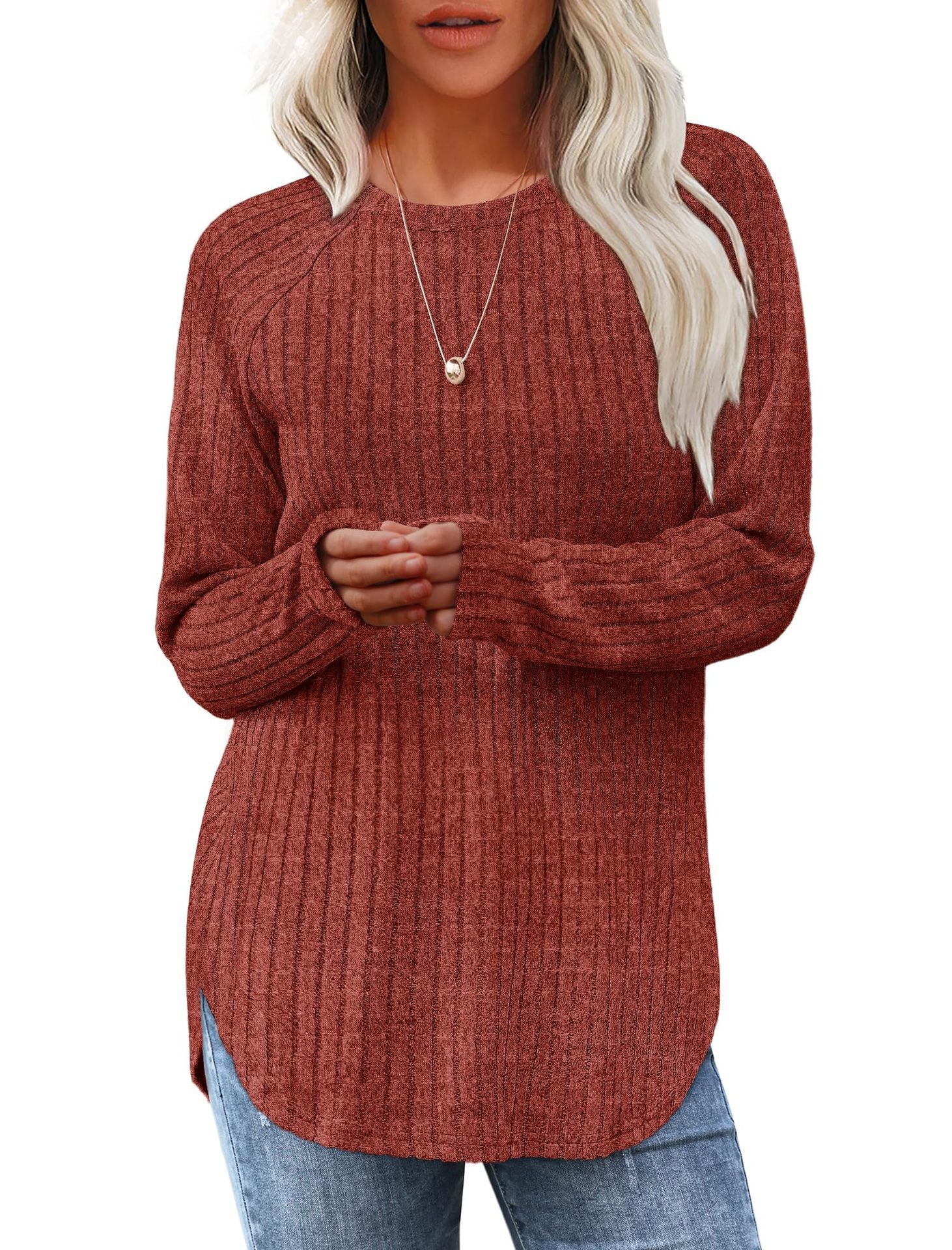 Long-sleeved, loose-fitting, casual, versatile, round neck, high and low arc-shaped women's clothing