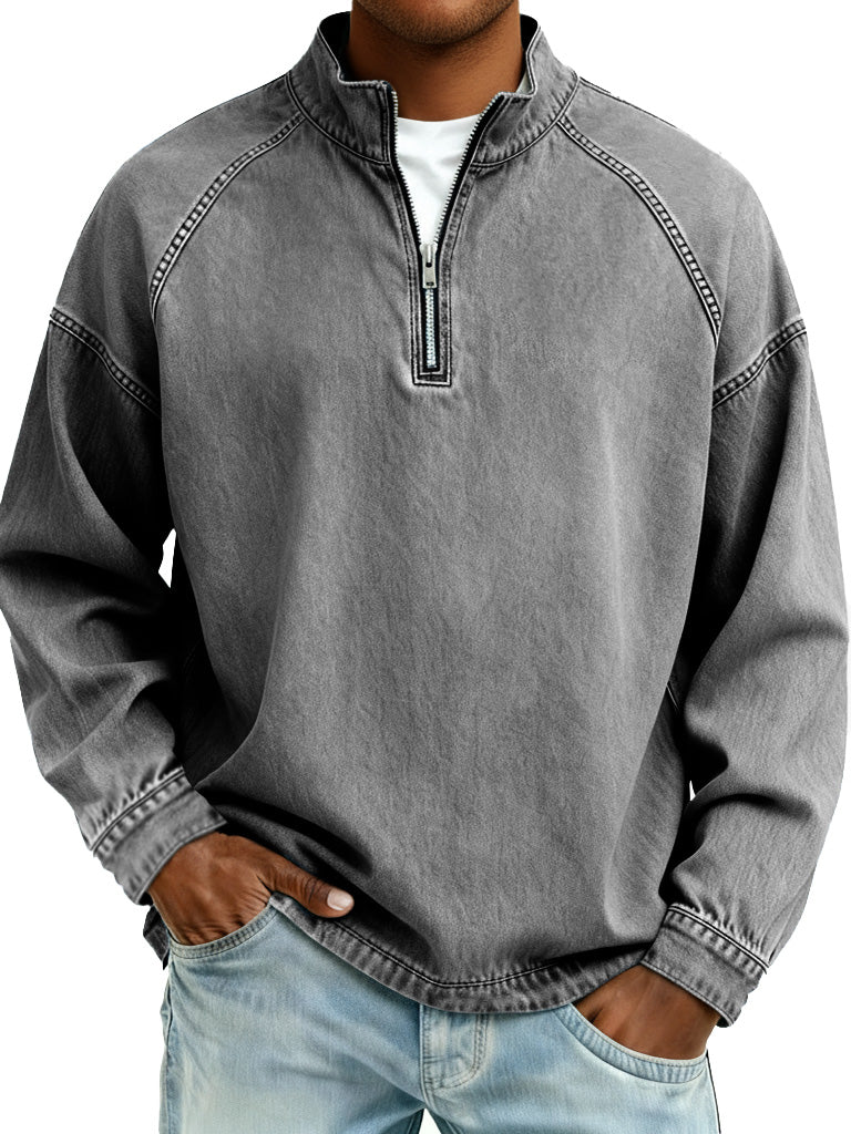 Men's Retro Fashion Distressed Raglan Sleeve Stand Collar Long-Sleeve Top