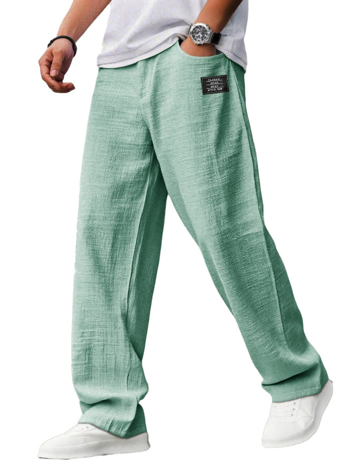 Men's Casual Hemp Fabric Embroidered Logo Drawstring Loose Elastic Waist Pocket Trousers
