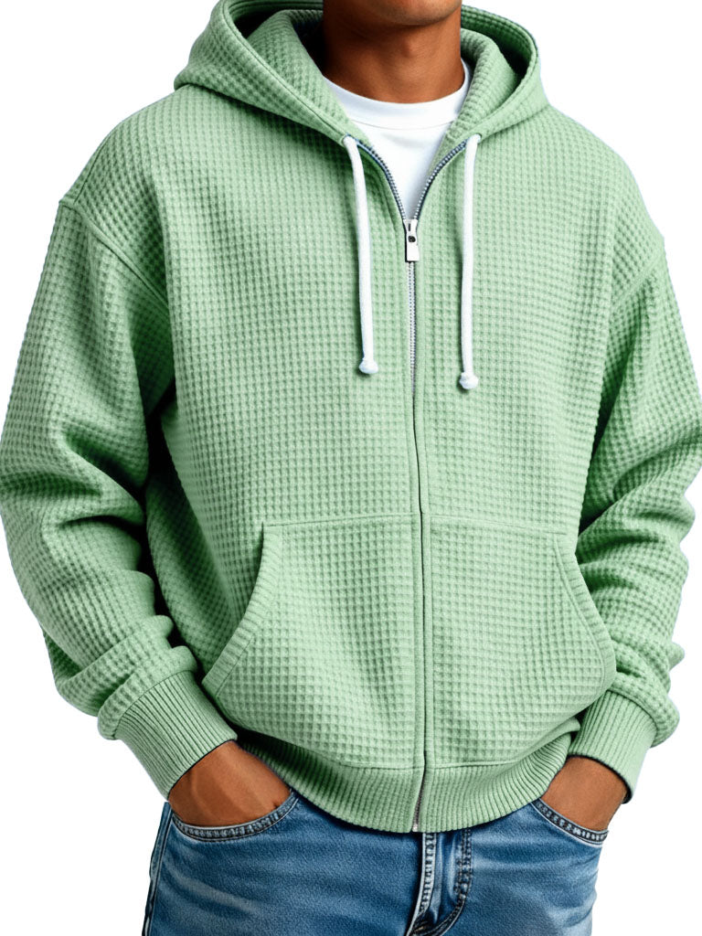  Men's Wear Fashionable Casual Waffle Fabric Zipper Hooded Pockets Loose Coat 