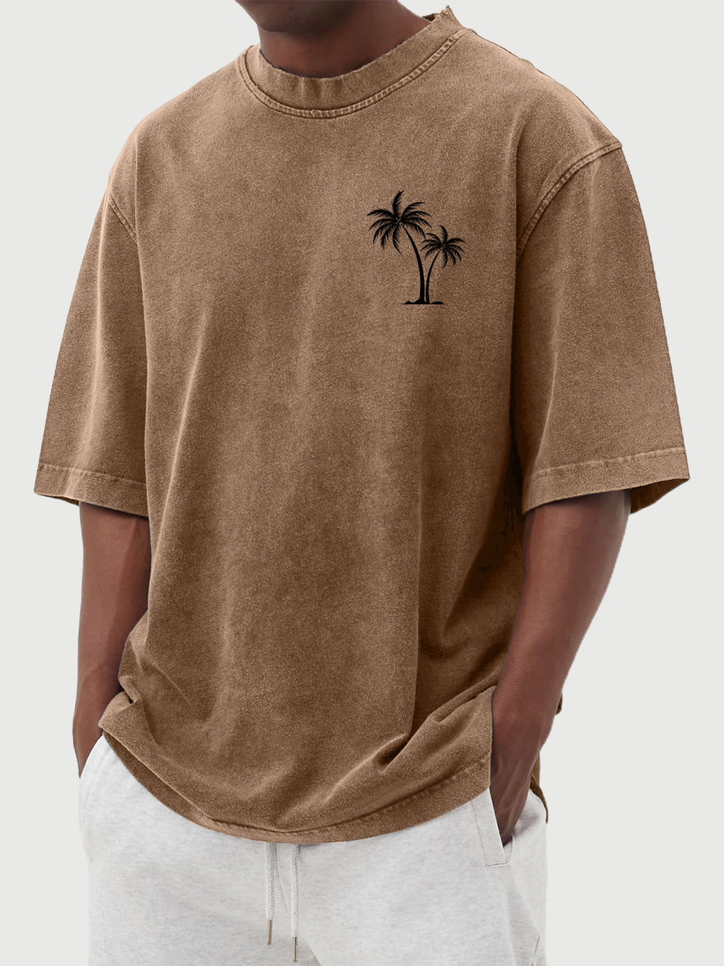Men's Cotton Washed Distressed Palm Tree Print Short Sleeved Round Neck T-shirt