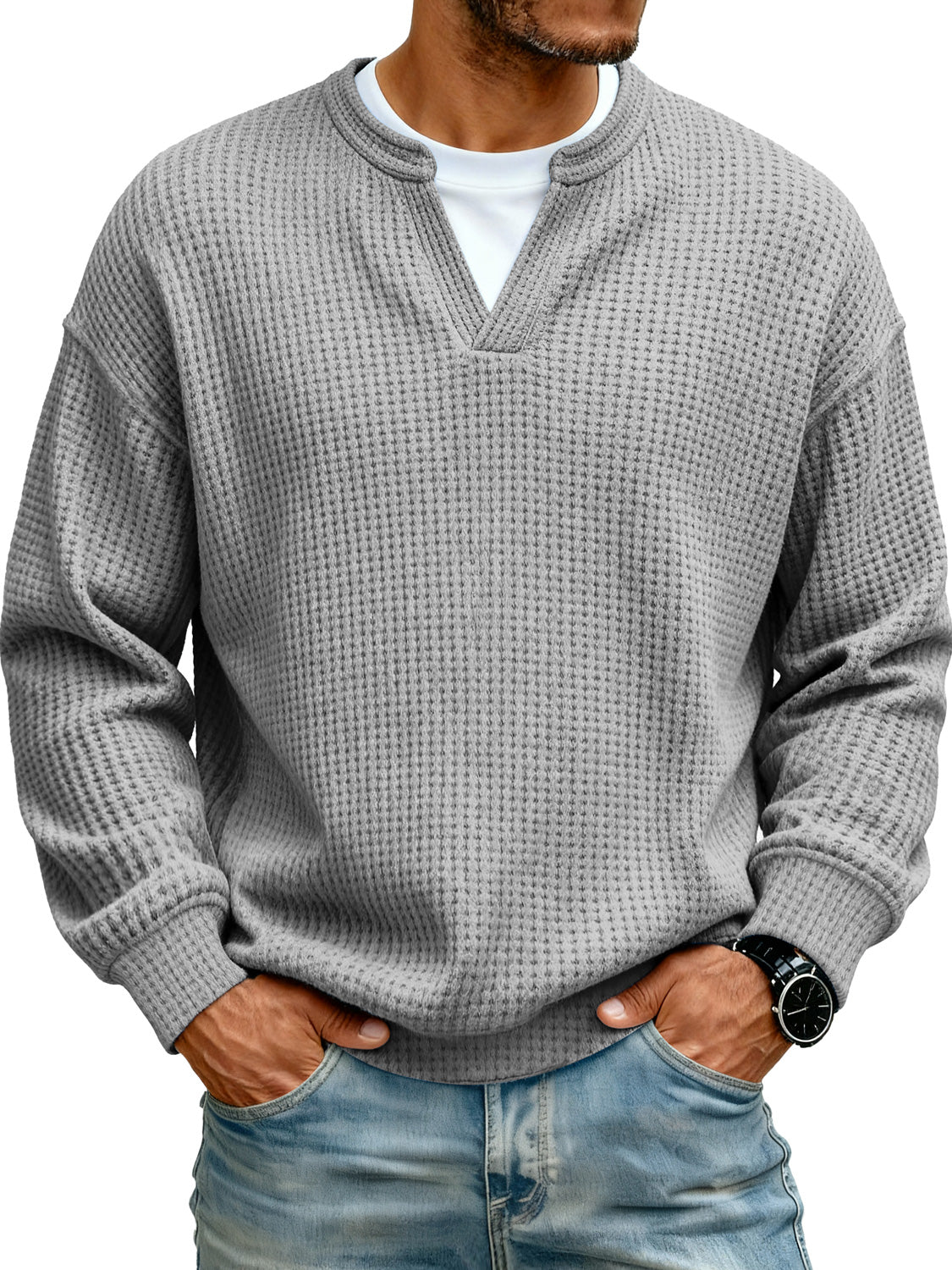 Men's Simple Waffle V-neck Fake Two-piece Casual Long-sleeved T-shirt