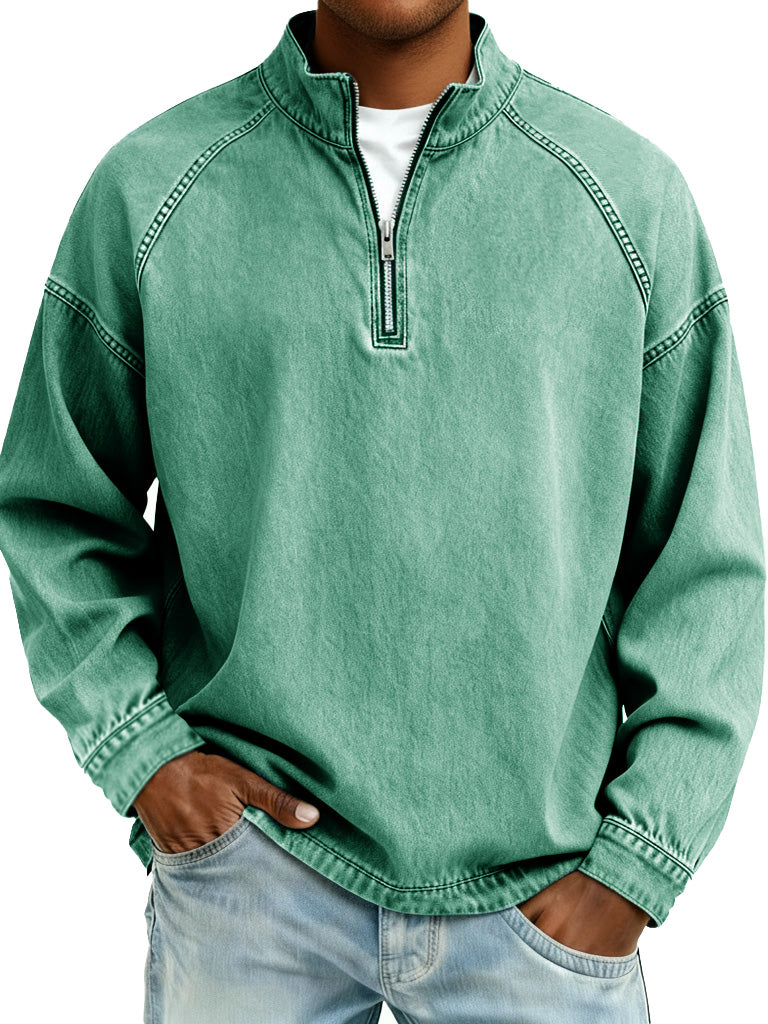 Men's Retro Fashion Distressed Raglan Sleeve Stand Collar Long-Sleeve Top