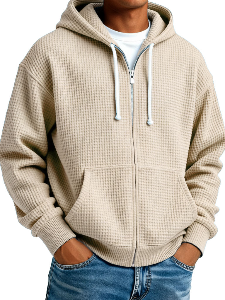  Men's Wear Fashionable Casual Waffle Fabric Zipper Hooded Pockets Loose Coat 