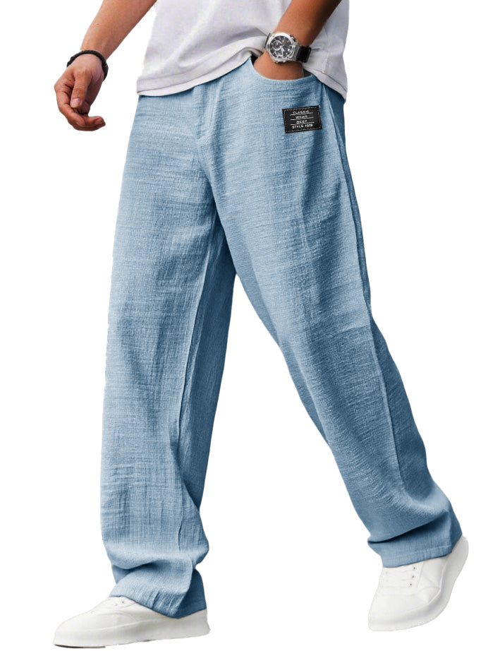 Men's Casual Hemp Fabric Embroidered Logo Drawstring Loose Elastic Waist Pocket Trousers