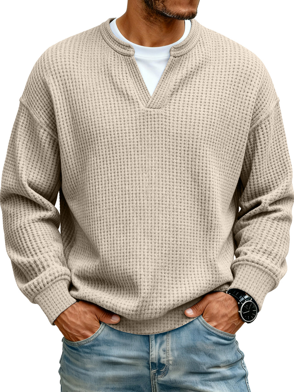 Men's Simple Waffle V-neck Fake Two-piece Casual Long-sleeved T-shirt