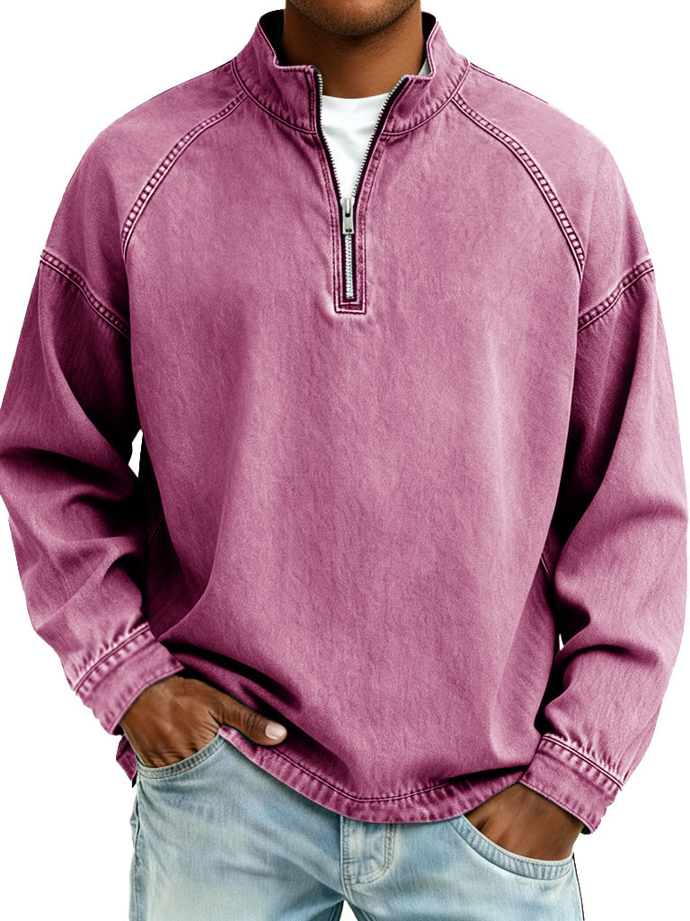 Men's Retro Fashion Distressed Raglan Sleeve Stand Collar Long-Sleeve Top