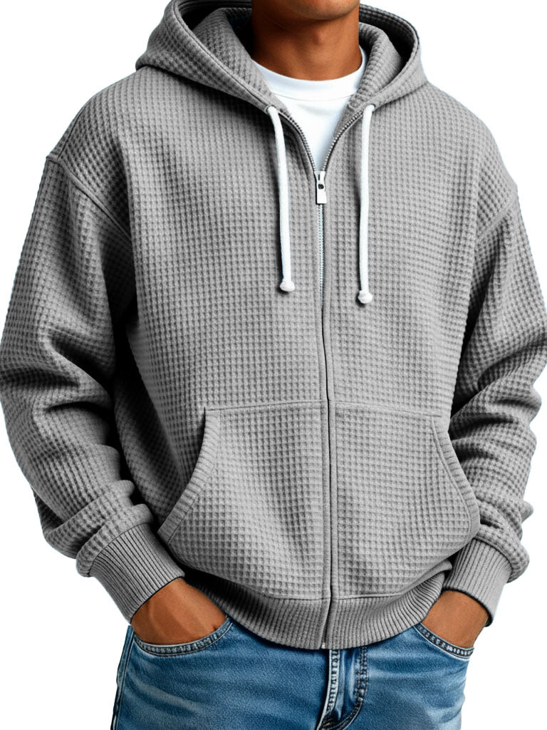  Men's Wear Fashionable Casual Waffle Fabric Zipper Hooded Pockets Loose Coat 