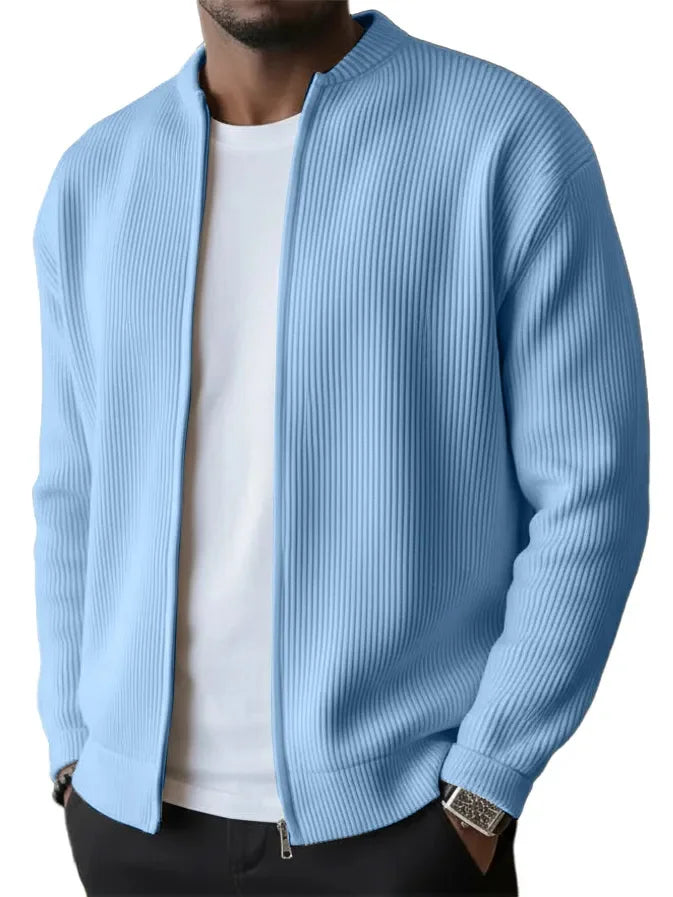 SLEEVED JACKET MEN'S SIMPLE CASUAL RIBBED STAND COLLAR ZIPPER LONG