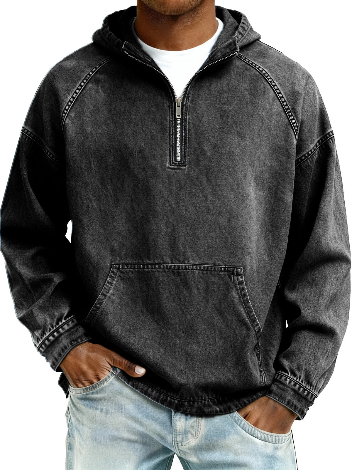 Men's Retro Fashion Distressed Raglan Sleeve Pocket Hooded Sweatshirt