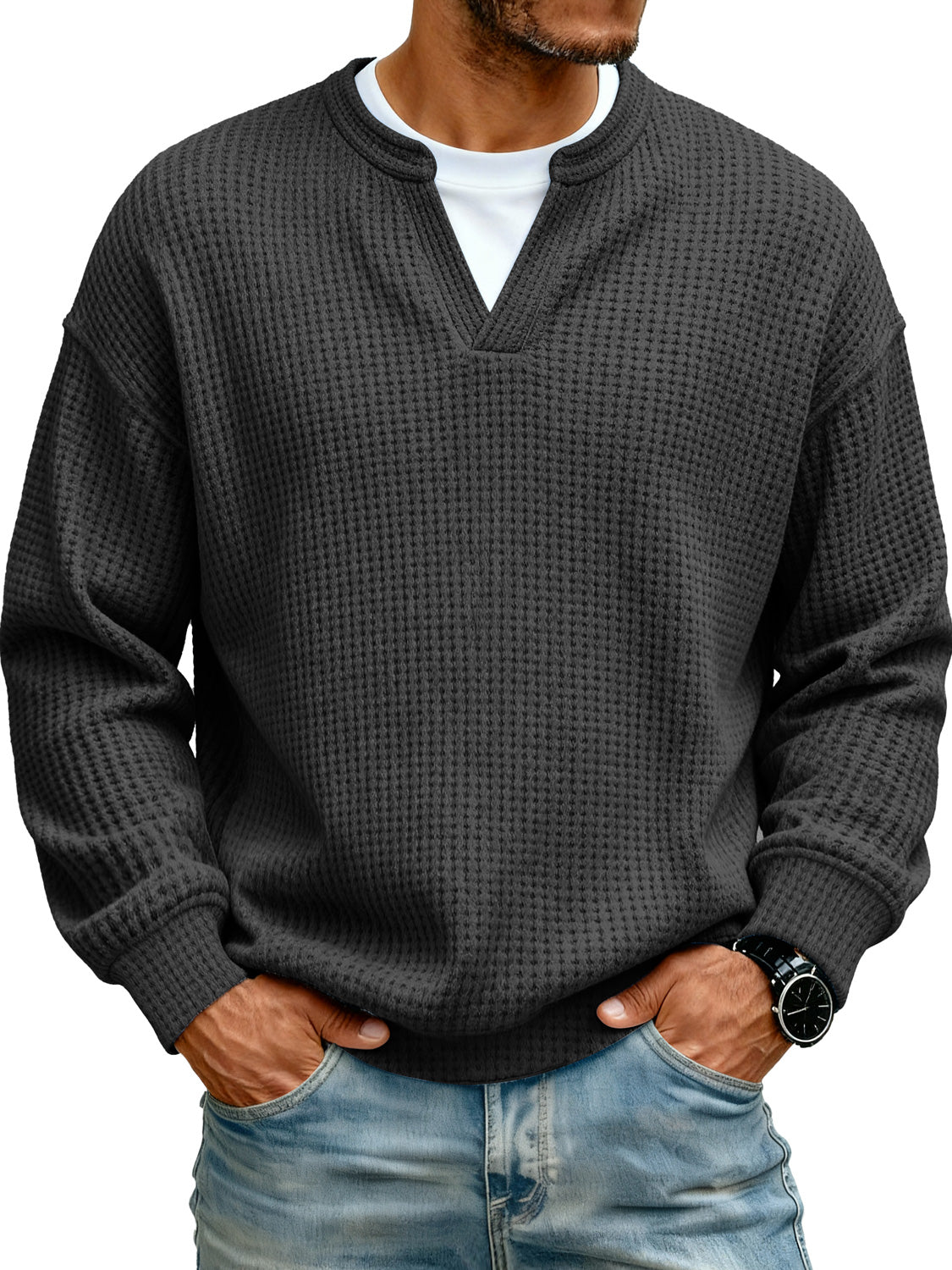 Men's Simple Waffle V-neck Fake Two-piece Casual Long-sleeved T-shirt
