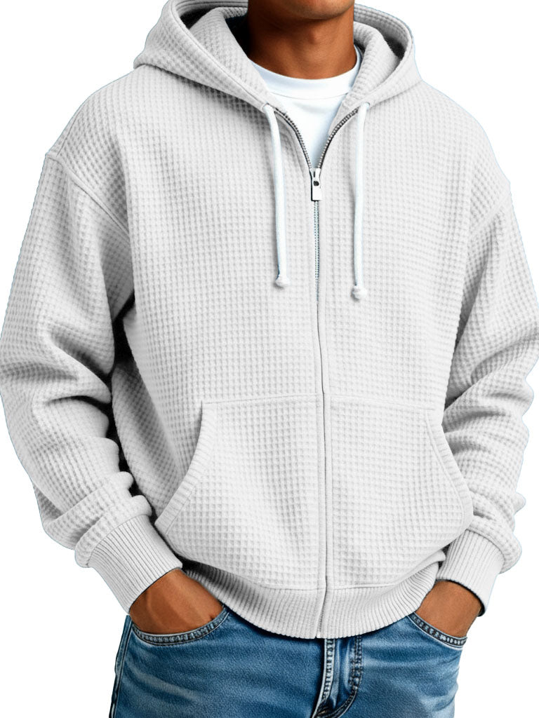  Men's Wear Fashionable Casual Waffle Fabric Zipper Hooded Pockets Loose Coat 