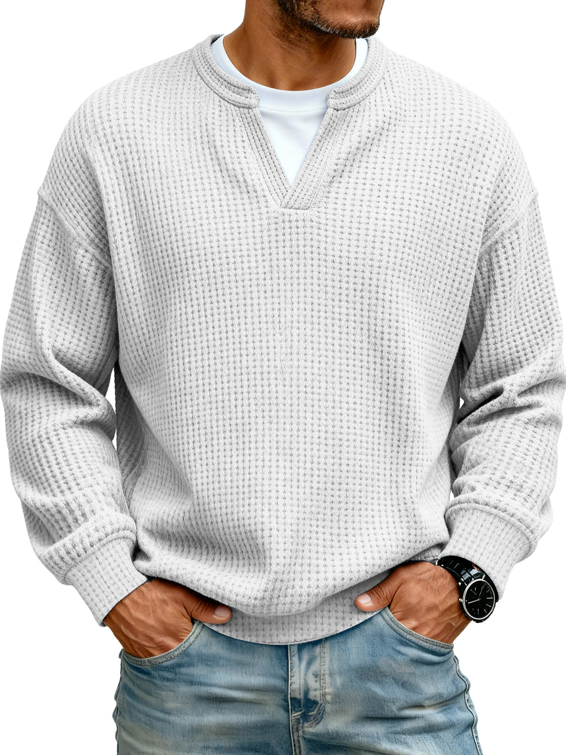 Men's Simple Waffle V-neck Fake Two-piece Casual Long-sleeved T-shirt