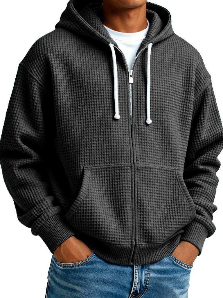  Men's Wear Fashionable Casual Waffle Fabric Zipper Hooded Pockets Loose Coat 