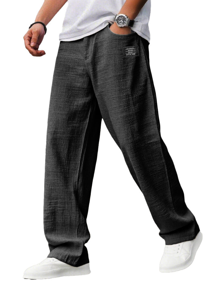 Men's Casual Hemp Fabric Embroidered Logo Drawstring Loose Elastic Waist Pocket Trousers