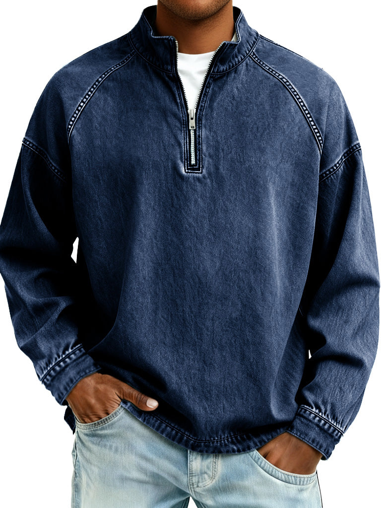 Men's Retro Fashion Distressed Raglan Sleeve Stand Collar Long-Sleeve Top