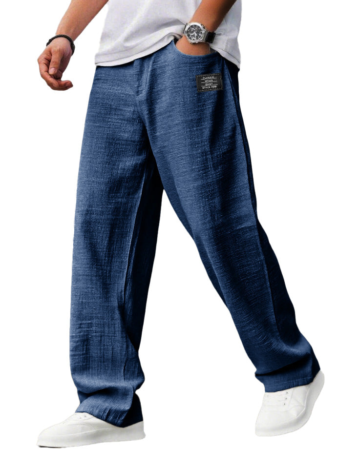 Men's Casual Hemp Fabric Embroidered Logo Drawstring Loose Elastic Waist Pocket Trousers