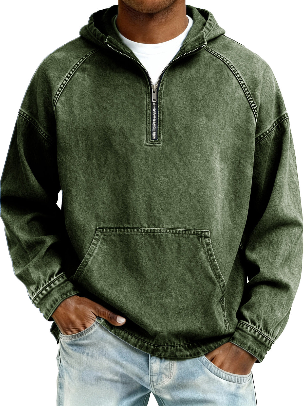 Men's Retro Fashion Distressed Raglan Sleeve Pocket Hooded Sweatshirt