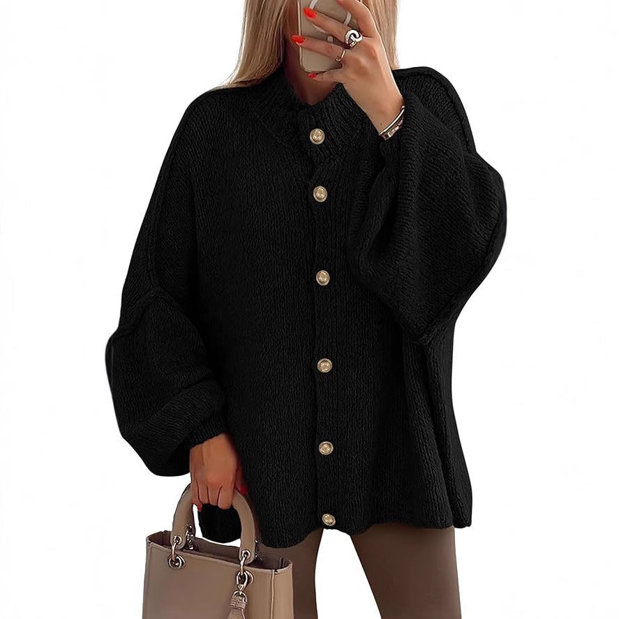 PrettyGarden Women's Winter Button Down Cardigan Sweaters Mock Neck Lantern LongSleeve Chunky Knit Jacket Trendy Outerwear