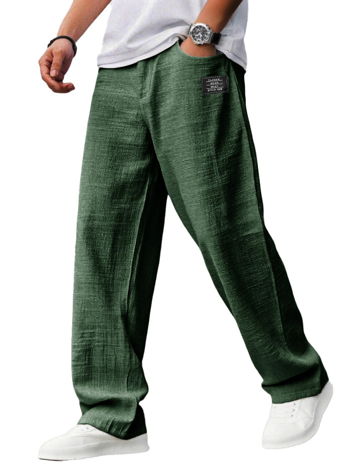 Men's Casual Hemp Fabric Embroidered Logo Drawstring Loose Elastic Waist Pocket Trousers