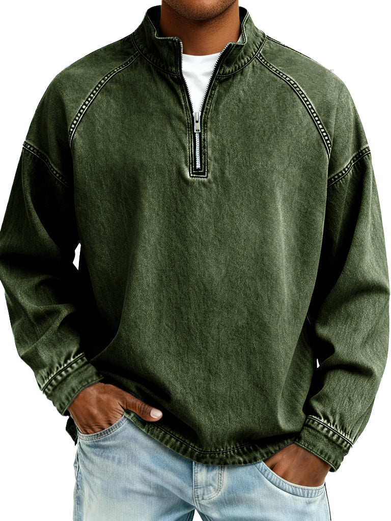 Men's Retro Fashion Distressed Raglan Sleeve Stand Collar Long-Sleeve Top