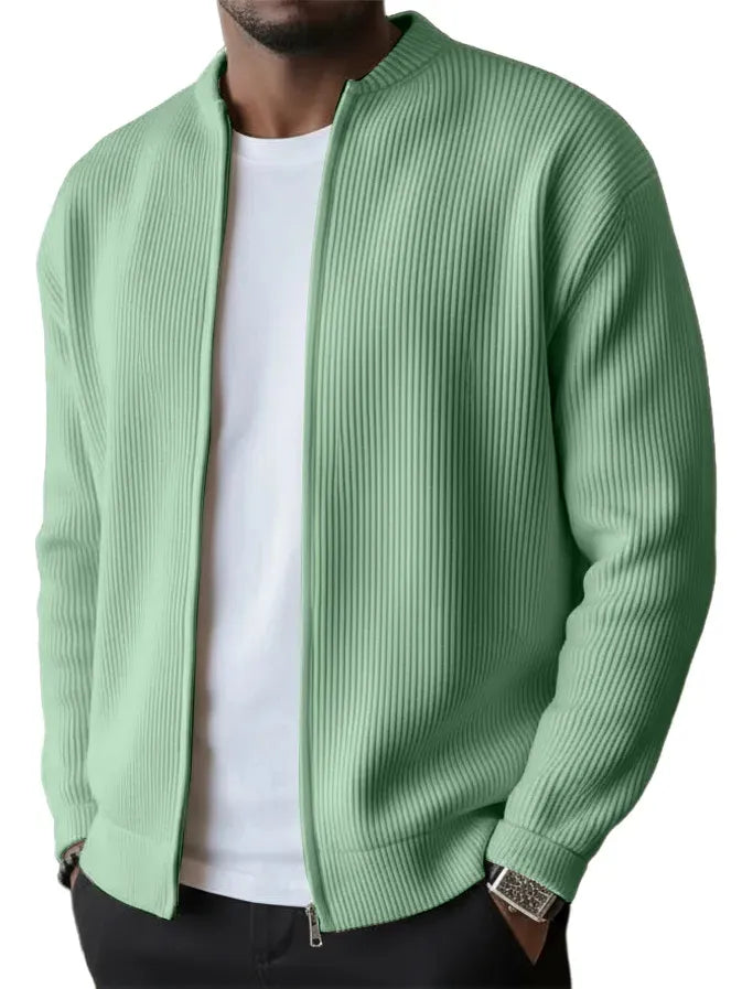 SLEEVED JACKET MEN'S SIMPLE CASUAL RIBBED STAND COLLAR ZIPPER LONG
