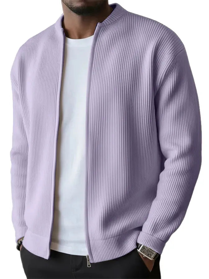 SLEEVED JACKET MEN'S SIMPLE CASUAL RIBBED STAND COLLAR ZIPPER LONG