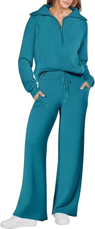 Women's Two-Piece Outfit Half-ZipSweatshirt & Wide Leg Sweatpants Tracksuit forAutumn Sportswear Running Fitness LoungewearSet