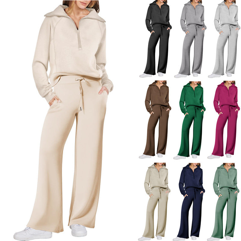 Women's Two-Piece Outfit Half-ZipSweatshirt & Wide Leg Sweatpants Tracksuit forAutumn Sportswear Running Fitness LoungewearSet