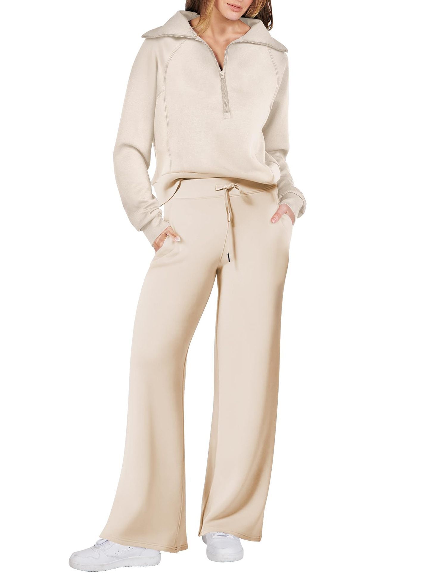 Women's Two-Piece Outfit Half-ZipSweatshirt & Wide Leg Sweatpants Tracksuit forAutumn Sportswear Running Fitness LoungewearSet