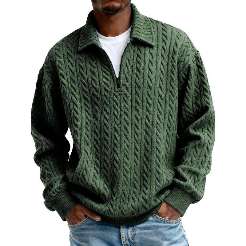 Men's Clothing Fashionable Casual Twist Texture Fabric Lapel Zipper Long-sleeved Hoodie