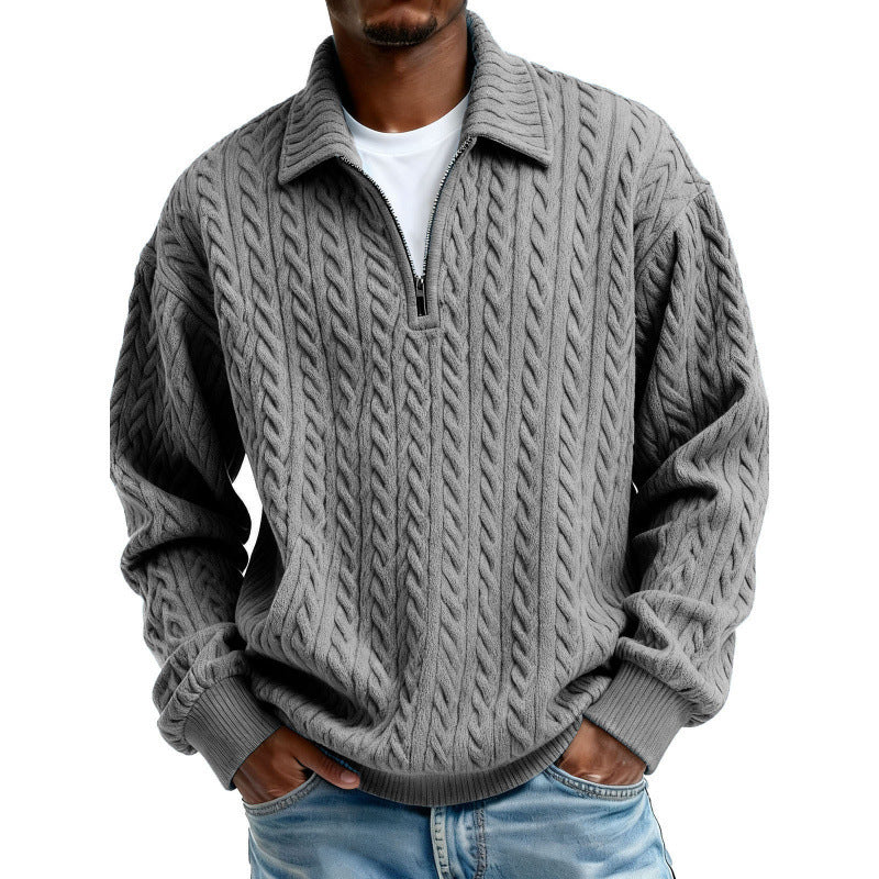 Men's Clothing Fashionable Casual Twist Texture Fabric Lapel Zipper Long-sleeved Hoodie