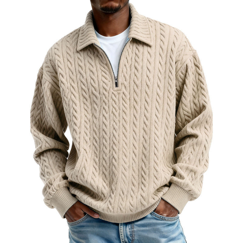 Men's Clothing Fashionable Casual Twist Texture Fabric Lapel Zipper Long-sleeved Hoodie