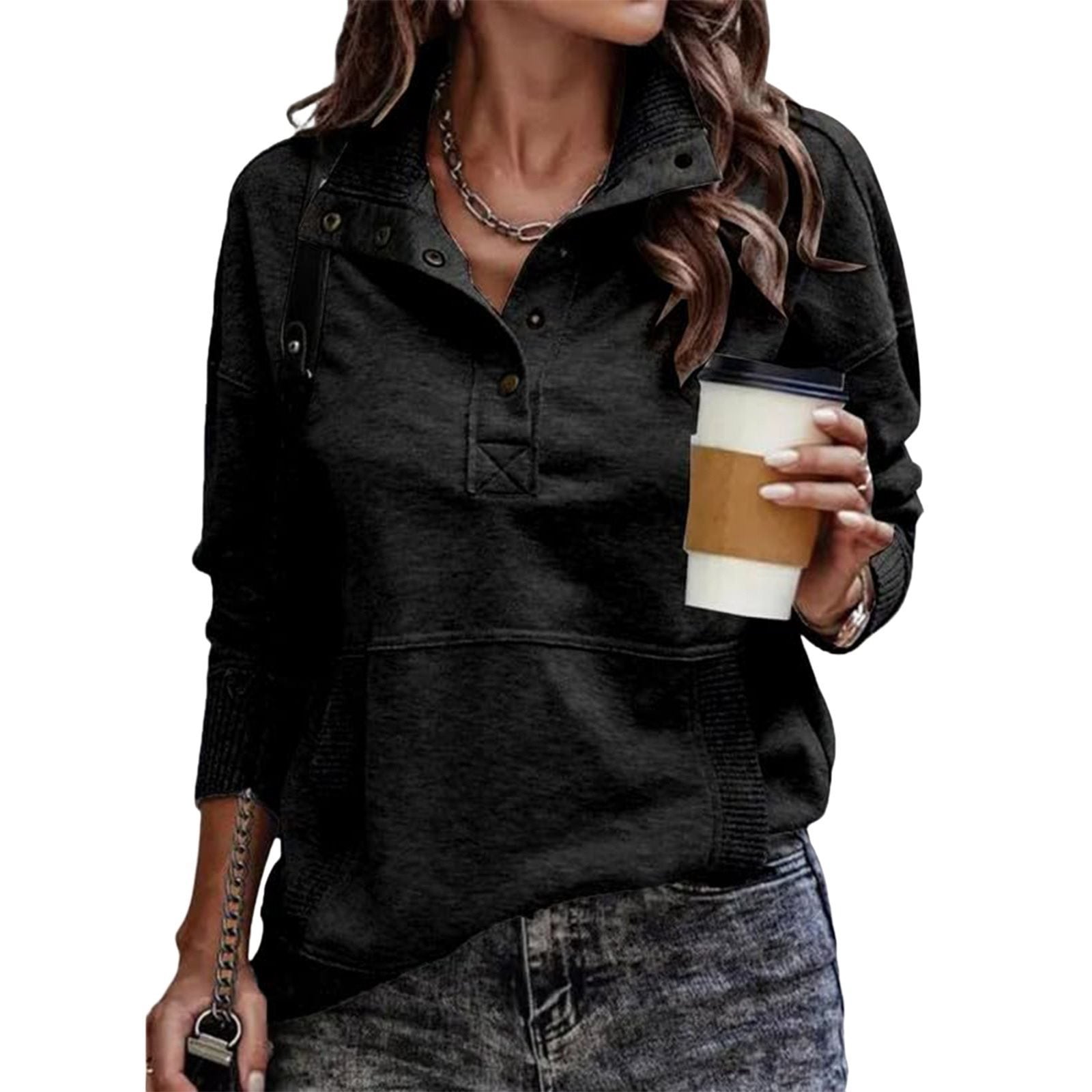 Autumn/Winter Solid Color Pocket Design Long Sleeve Button Fashion Street Style Women's Sweatshirt