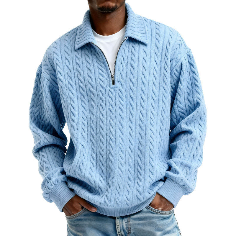 Men's Clothing Fashionable Casual Twist Texture Fabric Lapel Zipper Long-sleeved Hoodie