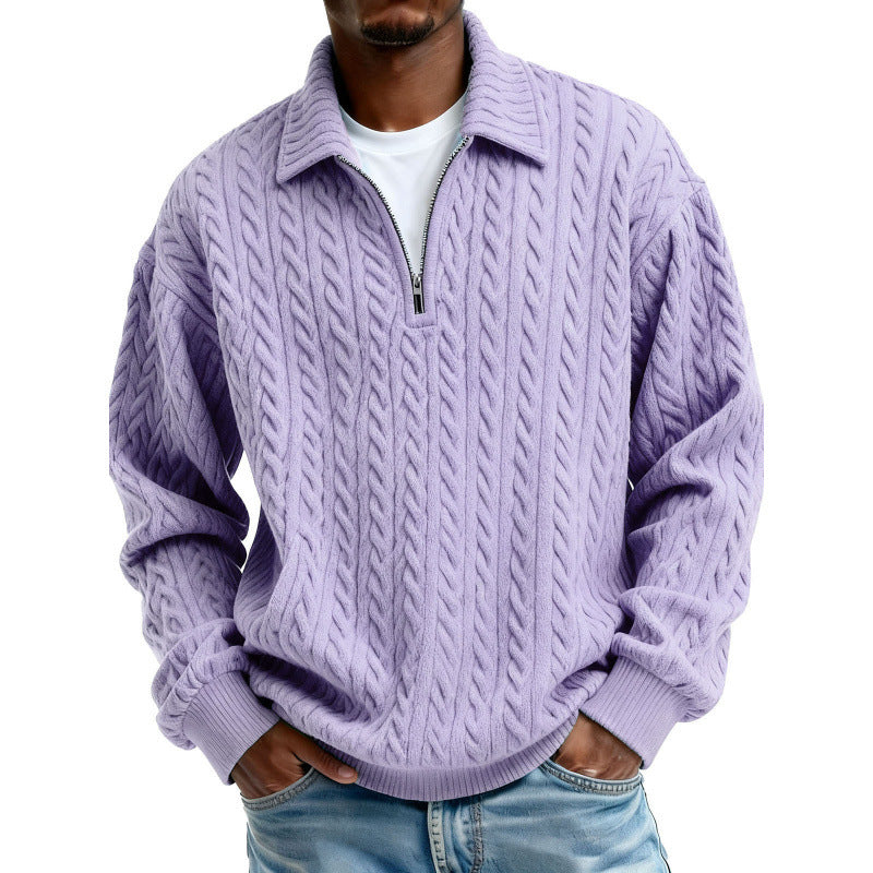 Men's Clothing Fashionable Casual Twist Texture Fabric Lapel Zipper Long-sleeved Hoodie