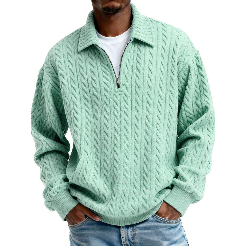 Men's Clothing Fashionable Casual Twist Texture Fabric Lapel Zipper Long-sleeved Hoodie